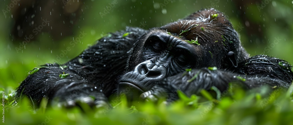 Poster intimate close-up of a gorilla lying on green grass with raindrops falling in a lush forest setting