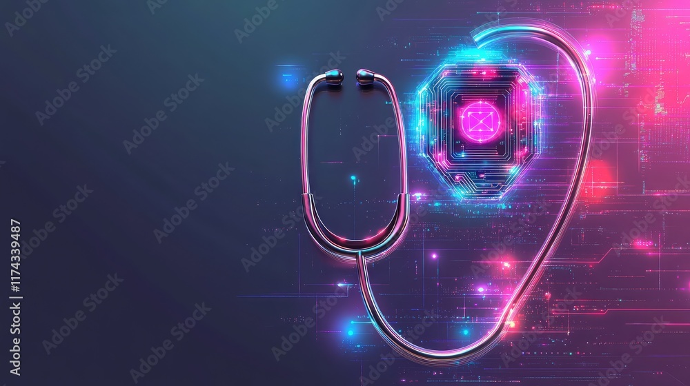 Aufkleber a holographic stethoscope with glowing ai circuits, displayed on a futuristic gradient background. a