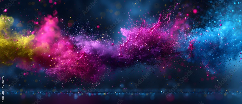 Poster vibrant abstract splash of colorful particles with dynamic energy against dark background
