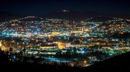 Fototapeta premium A vibrant cityscape illuminated at night, showcasing urban lights and mountainous backdrop.