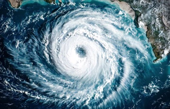 Typhoon or cyclone over the ocean. Tropical storm or tornado by the coast, view from space. The eye of hurricane. Weather background