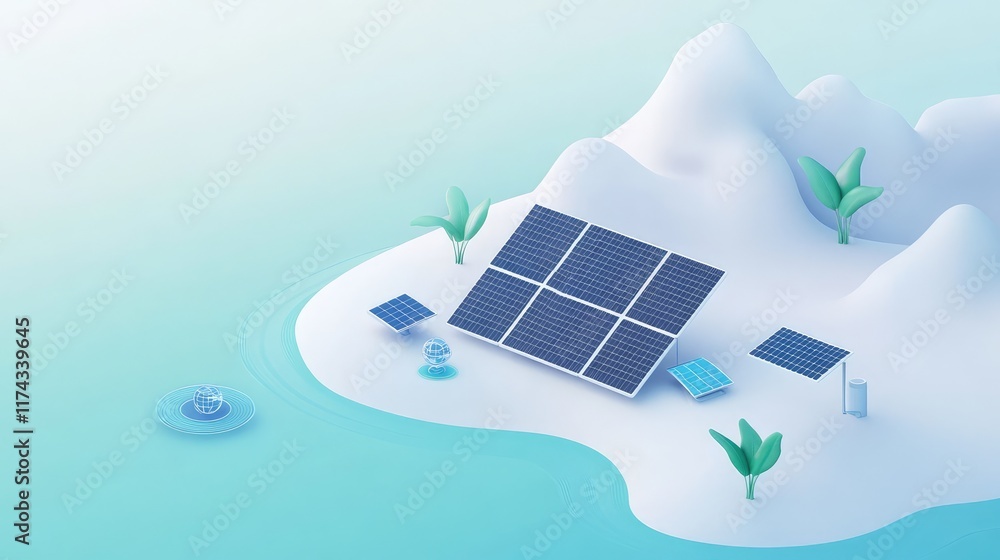 Poster a minimalistic design featuring solar panels and green icons on a clean gradient background. copy sp