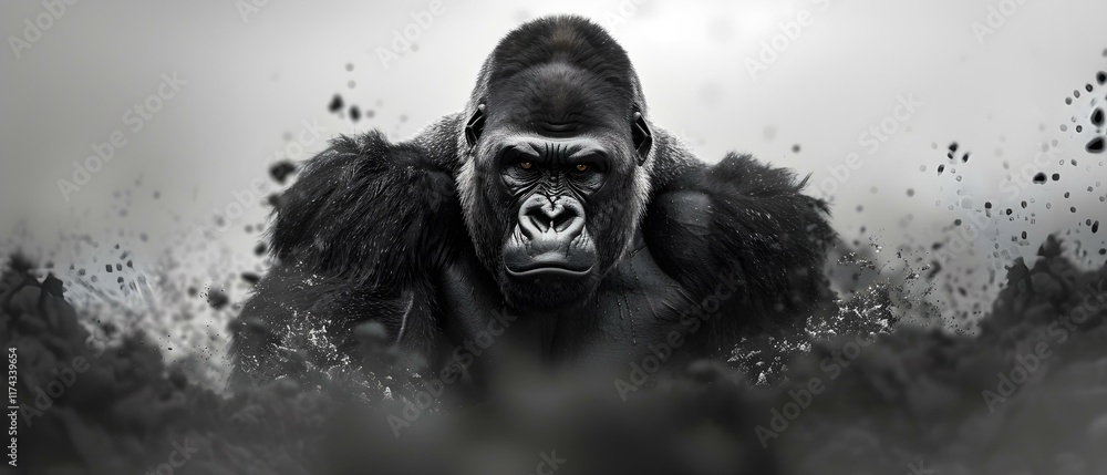Poster majestic gorilla portrait capturing the power and intensity of wildlife in a dramatic monochrome set