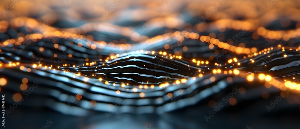 Poster abstract waves with glowing lights in dark background creating a mesmerizing digital landscape of pa