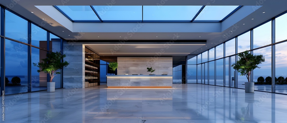 Poster modern minimalist interior of a spacious reception area with large windows and elegant lighting duri