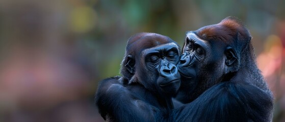 Obraz premium Tender Moment Between Two Gorillas Embracing in a Natural Habitat with Soft Lighting