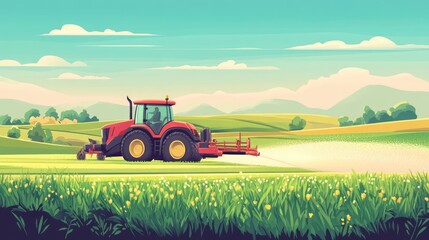 Fototapeta premium Farming tractor working on agricultural countryside area, Farm machinery spraying fertilize or pesticide on cultural field for good harvest