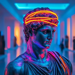 Fototapeta premium Neon-Illuminated Classical Sculpture in Modern Gallery
