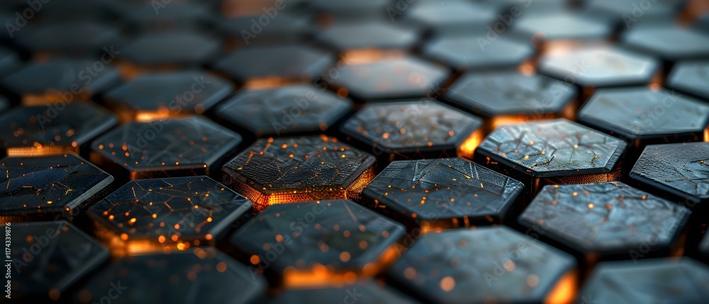 Aufkleber close-up of hexagonal tiles with glowing edges and textured surfaces in dark background