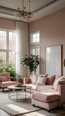 Fototapeta premium Modern spacious living room with a plush baby pink couch large windows for sunlight and a soothing pastel pink color palette