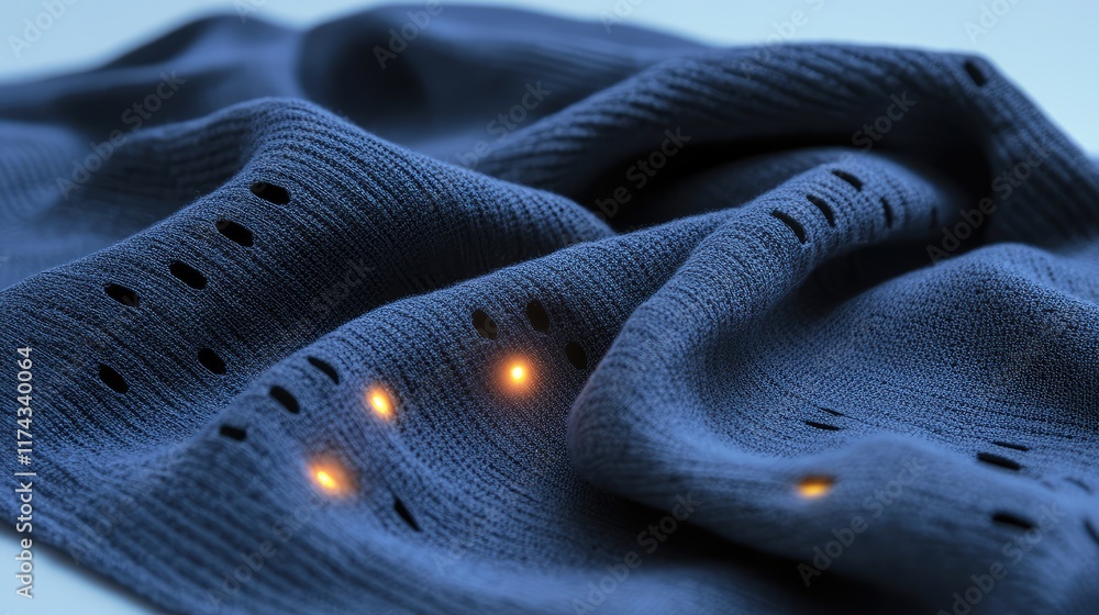 Poster a smart fabric with ai sensors embedded in the weave, creating a glowing surface, with copy space on