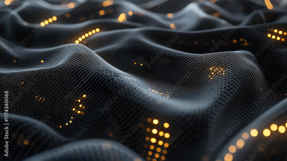 Poster a smart fabric with ai sensors embedded in the weave, creating a glowing surface, with copy space on