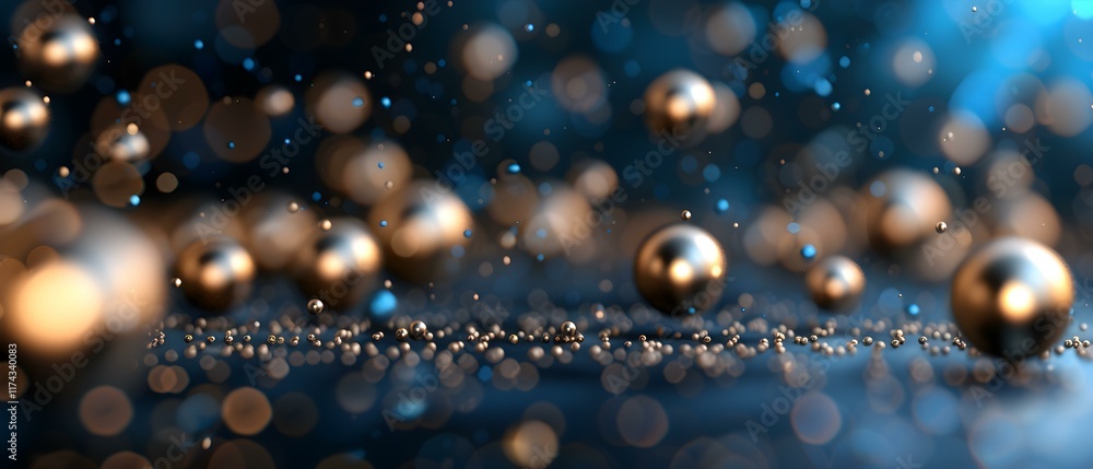 Poster abstract background of floating metallic spheres with shimmering particles and blue bokeh effects