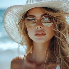 Fototapeta premium Fashionable woman with a sophisticated beach hat and sunglasses, standing near the shore with a gentle breeze blowing through her hair, evoking a sense of calm and tranquility