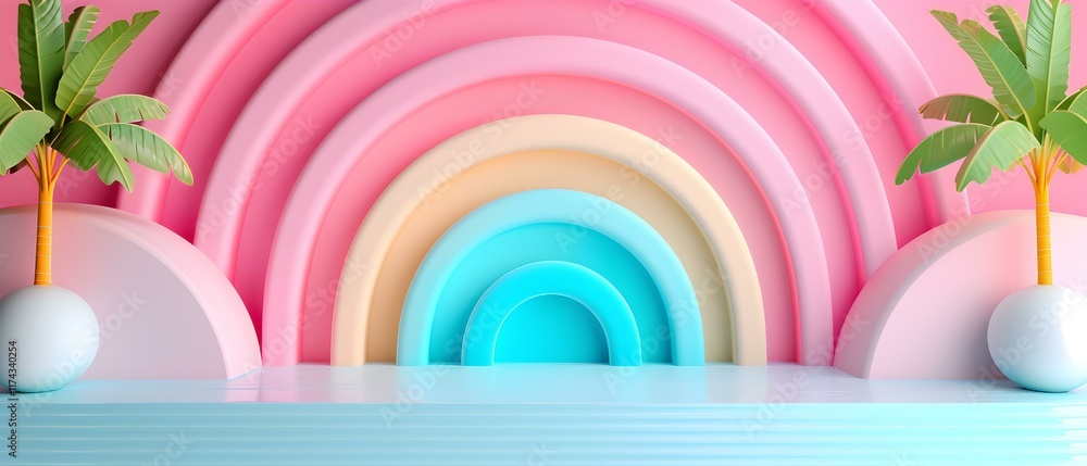 Poster vibrant pastel rainbow design featuring palm trees in a modern abstract setting with soft colors and