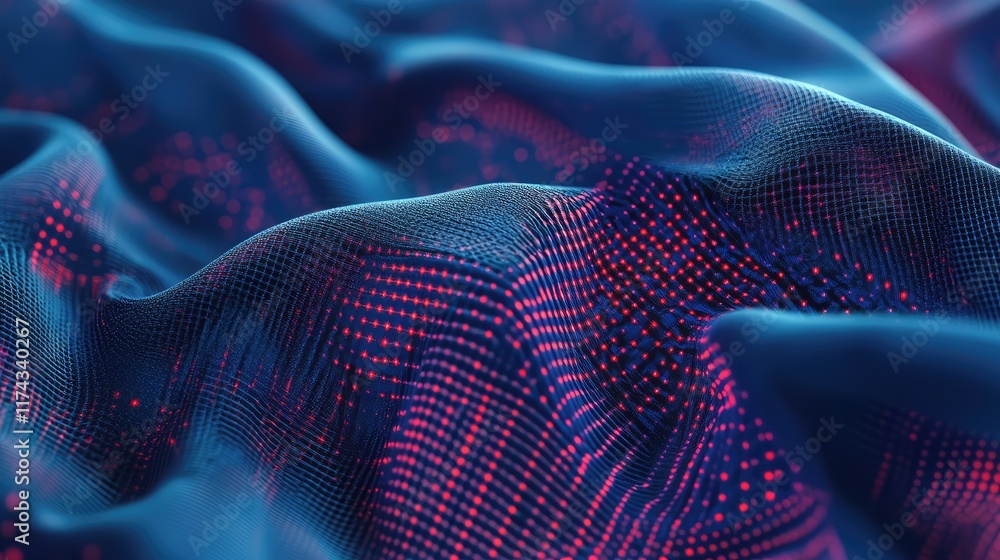Poster a smart textile pattern representing ai technology, with glowing data streams and digital nodes wove