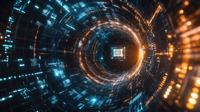 A swirling vortex of data points and AI algorithms symbolizing the power of data science, set on a dark gradient background with room for copy space.