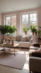 Naklejka premium Spacious and cozy living room with a baby pink couch large windows letting in sunlight and a calming pastel pink interior design