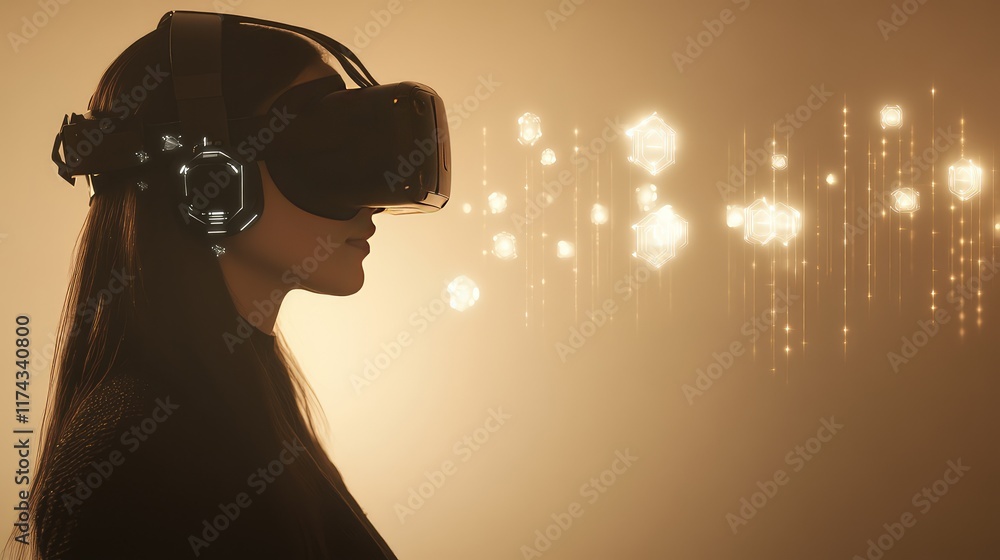 Poster a virtual reality learning space with ai symbols floating in a digital environment, ample copy space