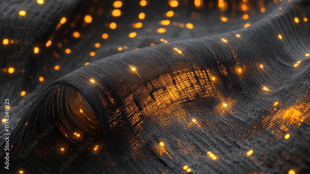 Poster close-up of ai-embedded textile with glowing digital nodes woven into the fabric, clean background f