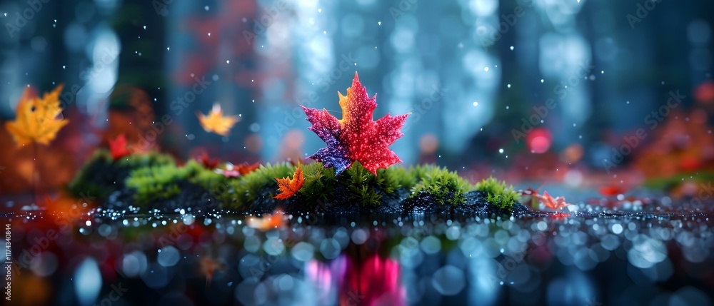 Poster Majestic Autumn Leaves Resting on Moss in a Magical Forest Setting with Soft Focus and Bokeh Effects