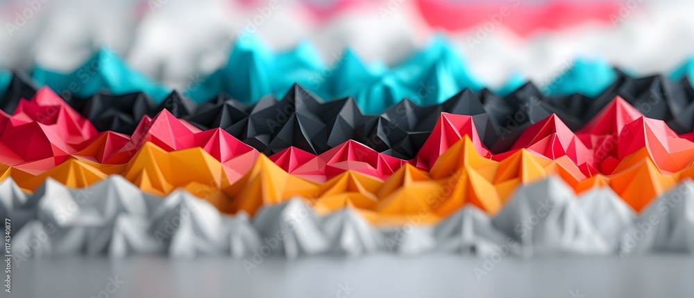 Poster abstract geometric layers of colorful paper forms creating a vibrant and dynamic background with tex