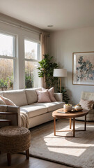 Obraz premium Spacious living room with a baby pink sofa large windows with sunlight and soft pastel pink accents for a fresh airy design