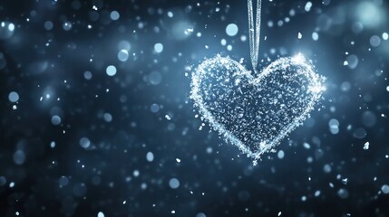 Obraz premium Sparkling heart shaped Christmas ornament hanging on a snowy icy background with a festive glittery and elegant design The ornament is suspended by a string creating a sense of and holiday cheer