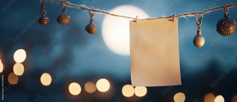 Aufkleber blank ancient paper hanging from a string with a mystical theme. mockup image on fantasy background.