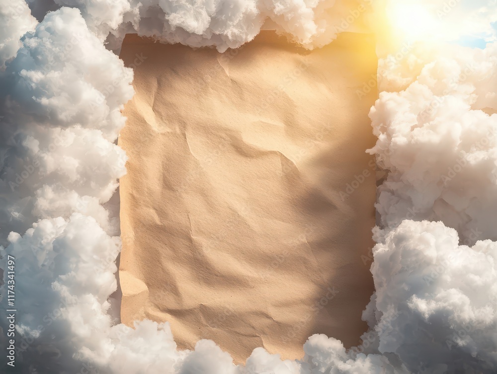 Poster framed ancient paper with soft clouds and radiant light. mockup image on fantasy background.