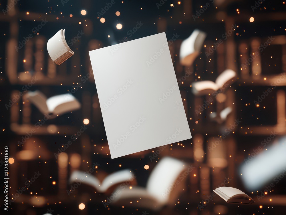 Poster blank ancient paper floating in a wizard's library. mockup image on fantasy background.