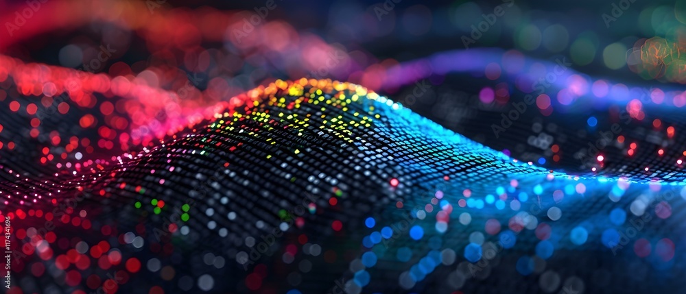 Aufkleber vibrant abstract background of glowing dots and waves with multicolored light reflections in a dark 