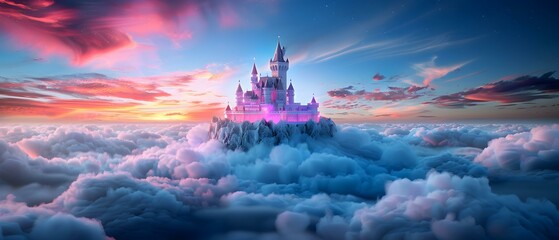 Dreamy Fantasy Castle in the Sky Surrounded by Vibrant Clouds at Sunset