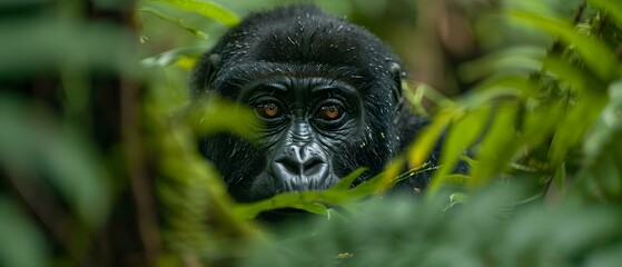 Obraz premium Majestic Mountain Gorilla Peering Through Lush Green Foliage in Vibrant Rainforest Environment