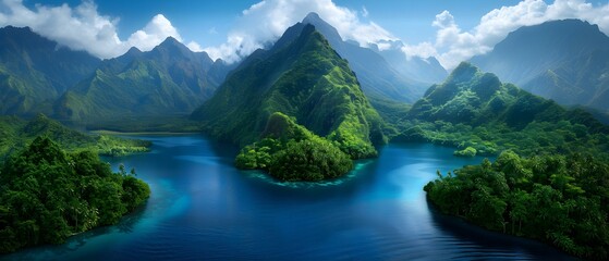 Lush Tropical Landscape with Mountains and Calm Waters Under a Bright Blue Sky
