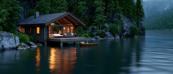 Obraz premium Serene lakeside cabin at twilight reflecting on calm waters, surrounded by lush trees and mountains in the distance