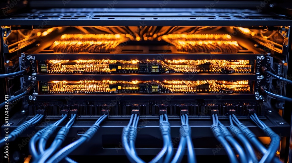 Poster high-tech network cables in close-up, illuminated with soft blue lighting, symbolizing edge computin