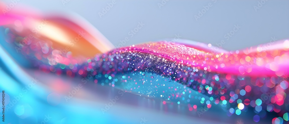 Poster vibrant colorful fluid wave with glittering particles and bokeh effect in soft focus background