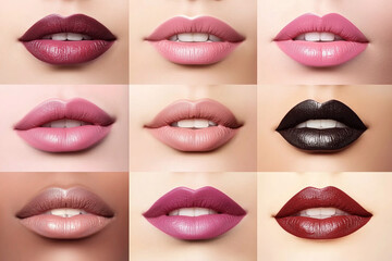 Obraz premium set of lips wearing various shades of lipstick pink plum neutral black different skin tones