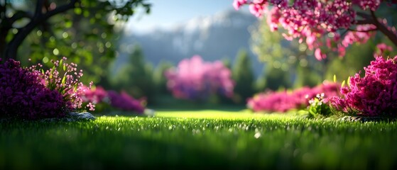 Obraz premium Serene Spring Garden with Blossoming Trees and Vibrant Flowers Under Soft Natural Light