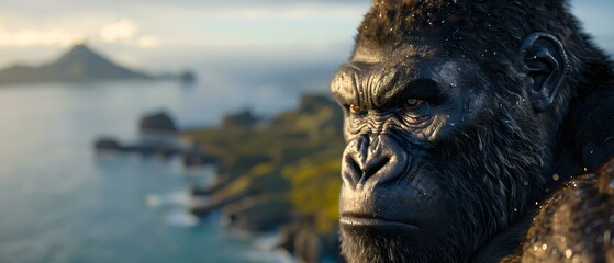 Obraz premium Majestic Close-up of a Realistic Gorilla Overlooking a Scenic Coastal Landscape with Vibrant Colors