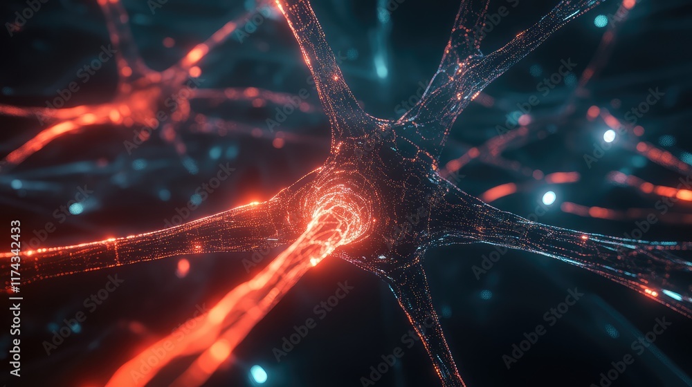Poster interconnected neural network pathways symbolizing the complexity of ai development on a futuristic 
