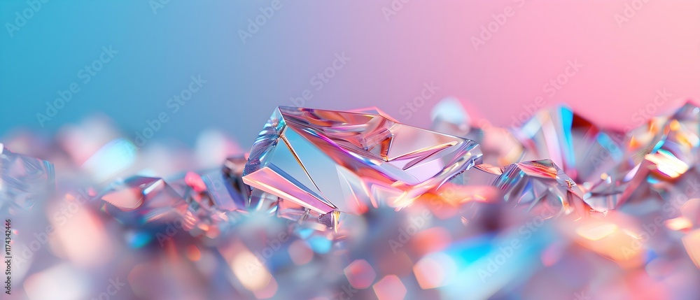 Poster sparkling colored crystal gems on a soft abstract background reflecting light in pastel shades