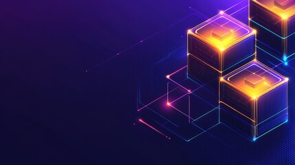 Fototapeta premium Interconnected glowing nodes symbolizing AI-powered development frameworks on a futuristic gradient background. Spacious copy space surrounds.