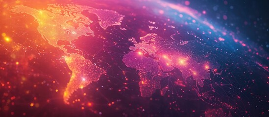 A world map with glowing lines and dots in a purple and red color scheme.