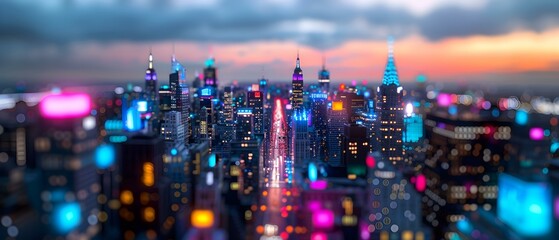 Obraz premium Vibrant Cityscape at Dusk with Glowing Lights and Soft Focus Effect Over Urban Skyline