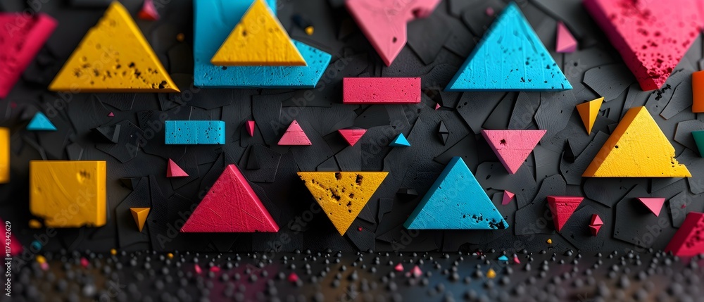 Poster abstract colorful shapes in geometric arrangement on dark background with texture