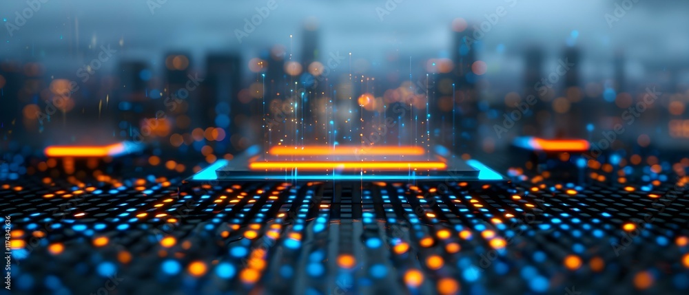 Poster colorful abstract background with neon lights and circles on a dark surface in a futuristic cityscap