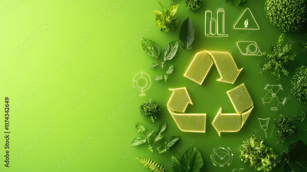 Poster minimalist design of interconnected eco-icons glowing in green on a gradient background, emphasizing