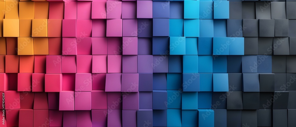Poster colorful abstract wall of squares in gradient from orange to blue with shadows and depth effect